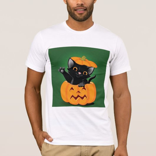 カボチャのTシャツを着た黒猫 Tシャツ (正面)