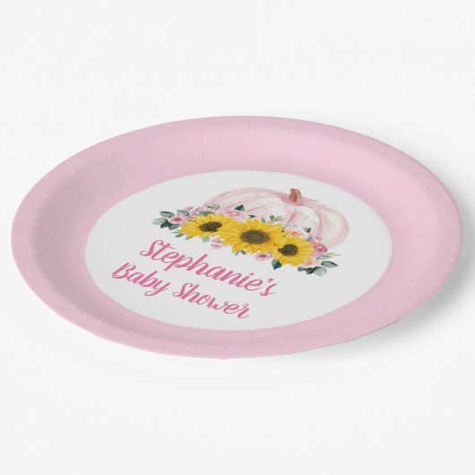 カボチャひまわりピンクフローラ秋ベビーシャワー ペーパープレート (アングル)