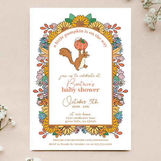 カボチャひまわりリス赤ちゃんシャワー 招待状