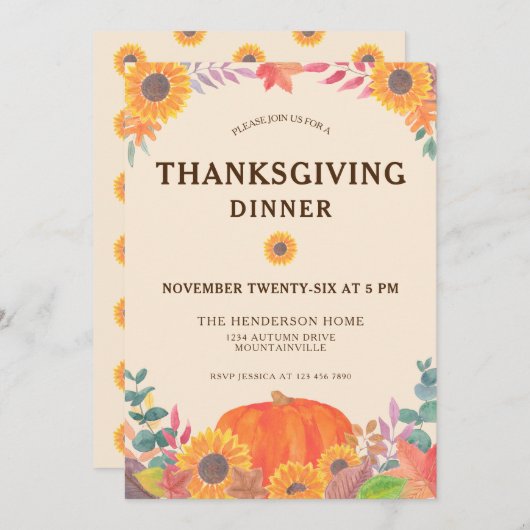 カボチャひまわり感謝祭ディナー 招待状 (正面/裏面)
