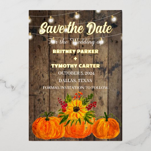 カボチャひまわり素朴写真QRコード結婚ズ 箔招待状 (正面)