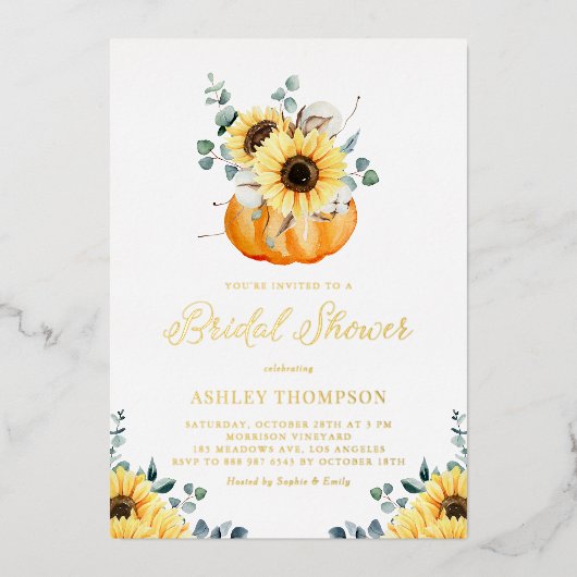 カボチャひまわり素朴秋ブライダルシャワー 箔招待状 (正面)