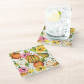 カボチャひまわり花:水彩パターンデザイン ガラスコースター (アングル)