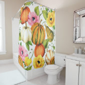 カボチャひまわり花：水彩パターンデザイン シャワーカーテン (インサイチュ)