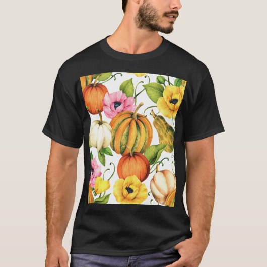 カボチャひまわり花:水彩パターンデザイン Tシャツ (正面)