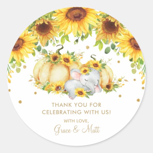 カボチャひまわり象ありがとう金ゴールドグリッター ラウンドシール (正面)