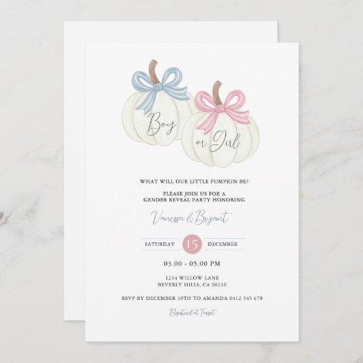 カボチャほこりっぽいピンクブルーリボンジェンダーリビール 招待状 (正面/裏面)