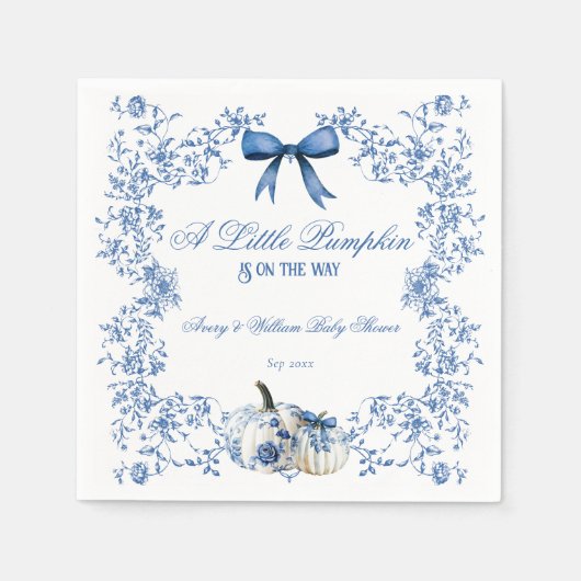 カボチャほこりっぽい青お洒落フローラ赤ちゃんシャワー スタンダードカクテルナプキン (正面)