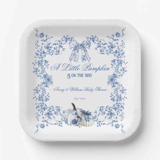カボチャほこりっぽい青お洒落フローラ赤ちゃんシャワー ペーパープレート (正面)