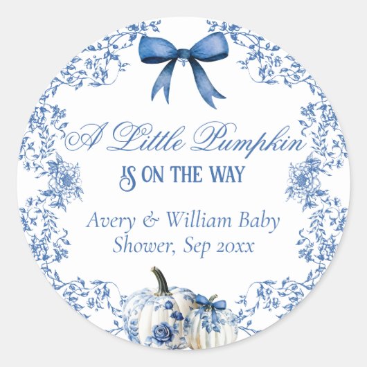 カボチャほこりっぽい青お洒落フローラ赤ちゃんシャワー ラウンドシール (正面)