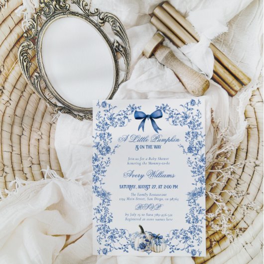 カボチャほこりっぽい青お洒落フローラ赤ちゃんシャワー 招待状