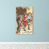 カボチャを抱える子供たち、七面鳥 キャンバスプリント (インサイチュ (ウッドフロア))