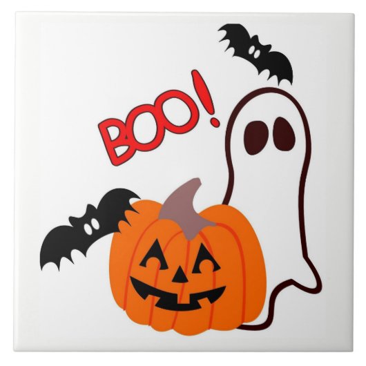 カボチャを持つハロウィンの幽霊 タイル (正面)