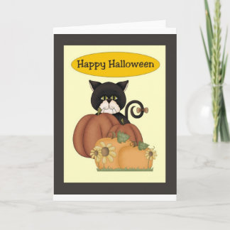 カボチャを持つハロウィンの黒猫 カード