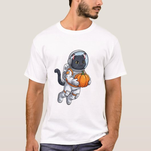 カボチャを持つ宇宙飛行士猫 Tシャツ (正面)