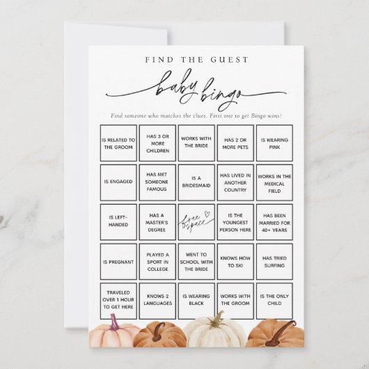 カボチャを見つけるゲストベビービンゴゲームカード 招待状 (正面)