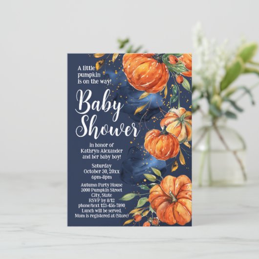カボチャエレガントの水彩秋秋の赤ちゃんシャワー 招待状 (スタンド正面)