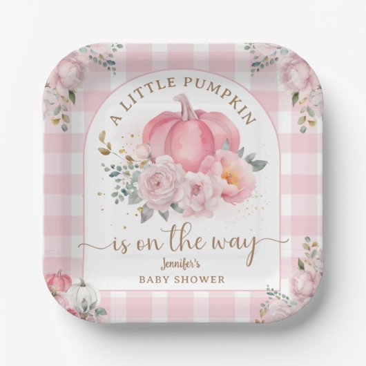 カボチャオンザウェイベビーシャワーガールピンク秋 ペーパープレート (正面)