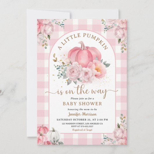 カボチャオンザウェイベビーシャワーガールピンク秋 招待状 (正面)