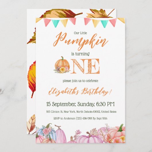 カボチャテーマキッズカラフルファーストバースデーパーティー 招待状 (正面/裏面)