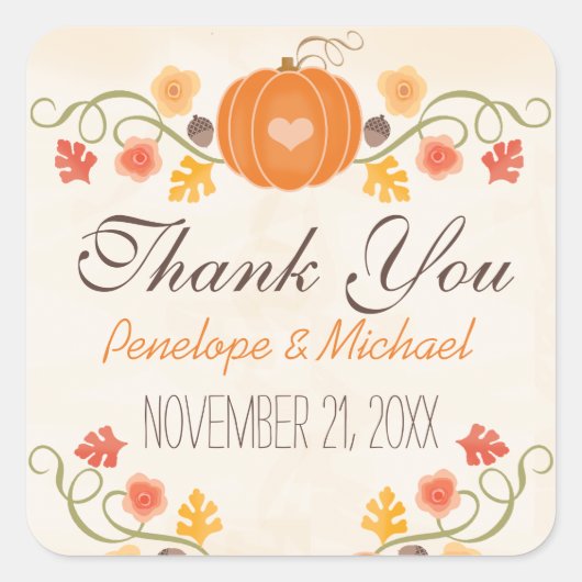カボチャドングリの花の秋の結婚式は感謝していしています スクエアシール (正面)