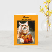 カボチャハッピーハローウィンのマウスを持つ猫! カード (黄色い花)