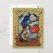 カボチャハロウィーンのカボチャのちょうちん魔女ムーン ポストカード (正面/裏面)