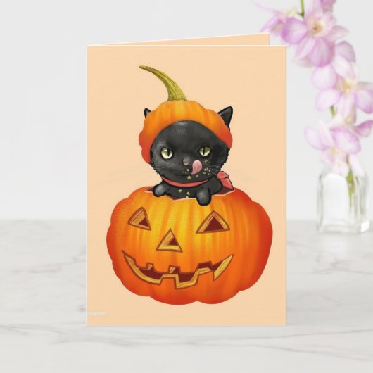 カボチャハロウィーンカードでかわいい黒い子猫 カード (蘭)
