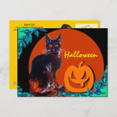 カボチャハローウィンパーティを持つ黒猫 シーズンポストカード (正面/裏面)