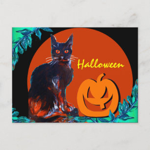 カボチャハローウィンパーティを持つ黒猫 シーズンポストカード