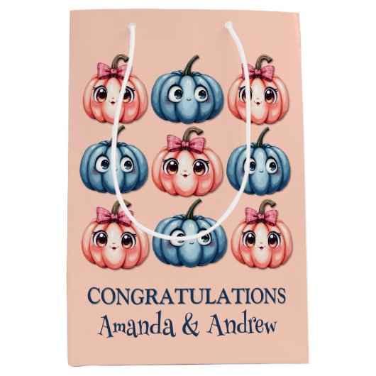 カボチャパーソナライズされたの赤ちゃんシャワーピンク ミディアムペーパーバッグ (正面)