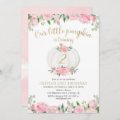 カボチャピンクの金ゴールドの白い花柄年齢の誕生日 招待状 (正面/裏面)