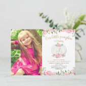 カボチャピンク金ゴールドフローラ任意の年齢の誕生日の写真 招待状 (スタンド正面)