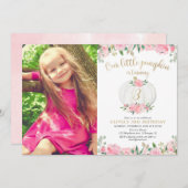 カボチャピンク金ゴールドフローラ任意の年齢の誕生日の写真 招待状 (正面/裏面)