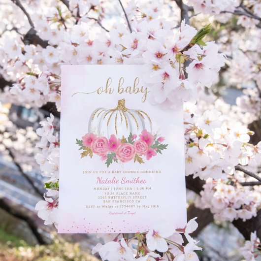 カボチャピンク金ゴールドフローラ秋女の子の赤ちゃんシャワー 招待状