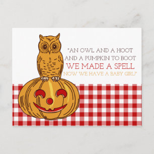 カボチャフクロウ&ギンガムベビーガールアナウンス 案内ポストカード