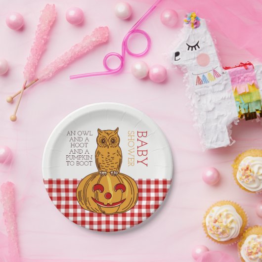 カボチャフクロウ&ギンガムベビーシャワー ペーパープレート (パーティー)