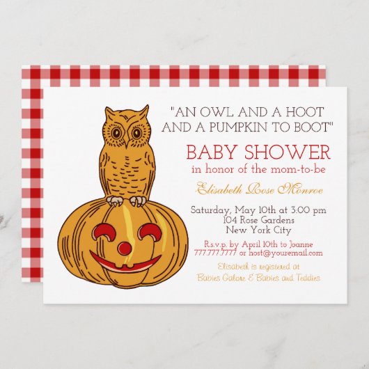 カボチャフクロウ&ギンガムベビーシャワー 招待状 (正面/裏面)