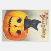 カボチャフレンドリーンWに座ったかわいい黒猫 ラッピングペーパーシート (正面)