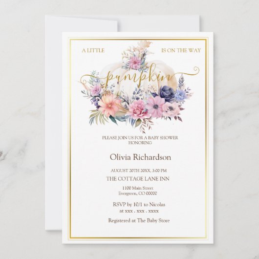カボチャフローラゴールドフォイルベビーガールシャワー 招待状 (正面)