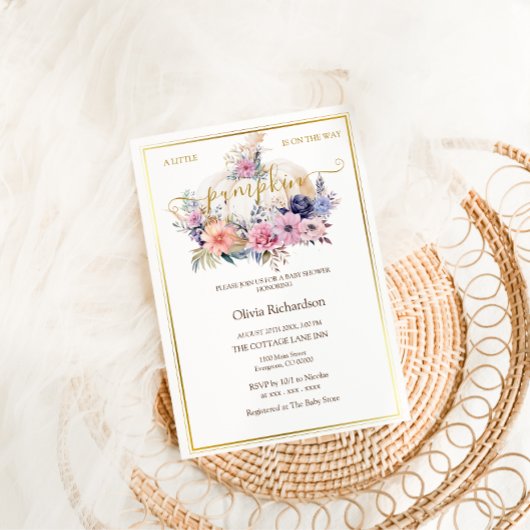 カボチャフローラゴールドフォイルベビーガールシャワー 招待状