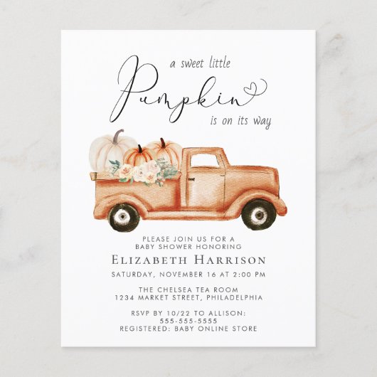 カボチャフローラトラック赤ちゃんシャワー招待状 (正面)