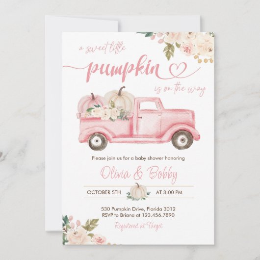 カボチャフローラヴィンテージトラック赤ちゃんガールシャワー 招待状 (正面)