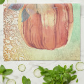 カボチャフローラ及びレース秋オレンエレガントジグリーン キッチンタオル (折り畳み)