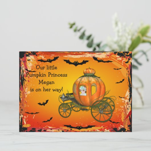 カボチャプリンセスハロウィンの女の子のベビーシャワー 招待状 (スタンド正面)