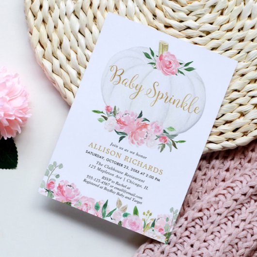 カボチャベビーふりかけるピンクの金ゴールド女の子ベビーシャワー 招待状