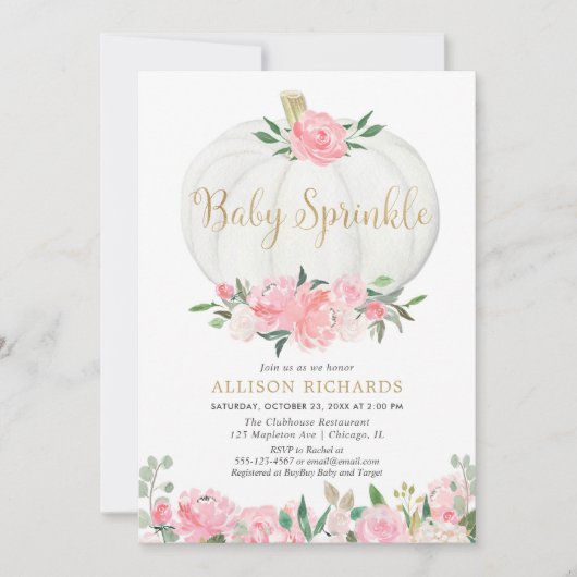 カボチャベビーふりかけるピンクの金ゴールド女の子ベビーシャワー 招待状 (正面)