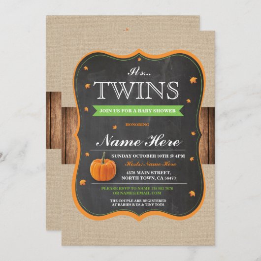 カボチャベビーシャワーそれは双生児のパーティーの木製の招待です 招待状 (正面/裏面)
