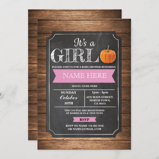 カボチャベビーシャワーそれは女の子のパーティーのピンクの招待です 招待状 (正面/裏面)