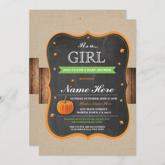 カボチャベビーシャワーそれは女の子のパーティーの木製の招待です 招待状 (正面/裏面)